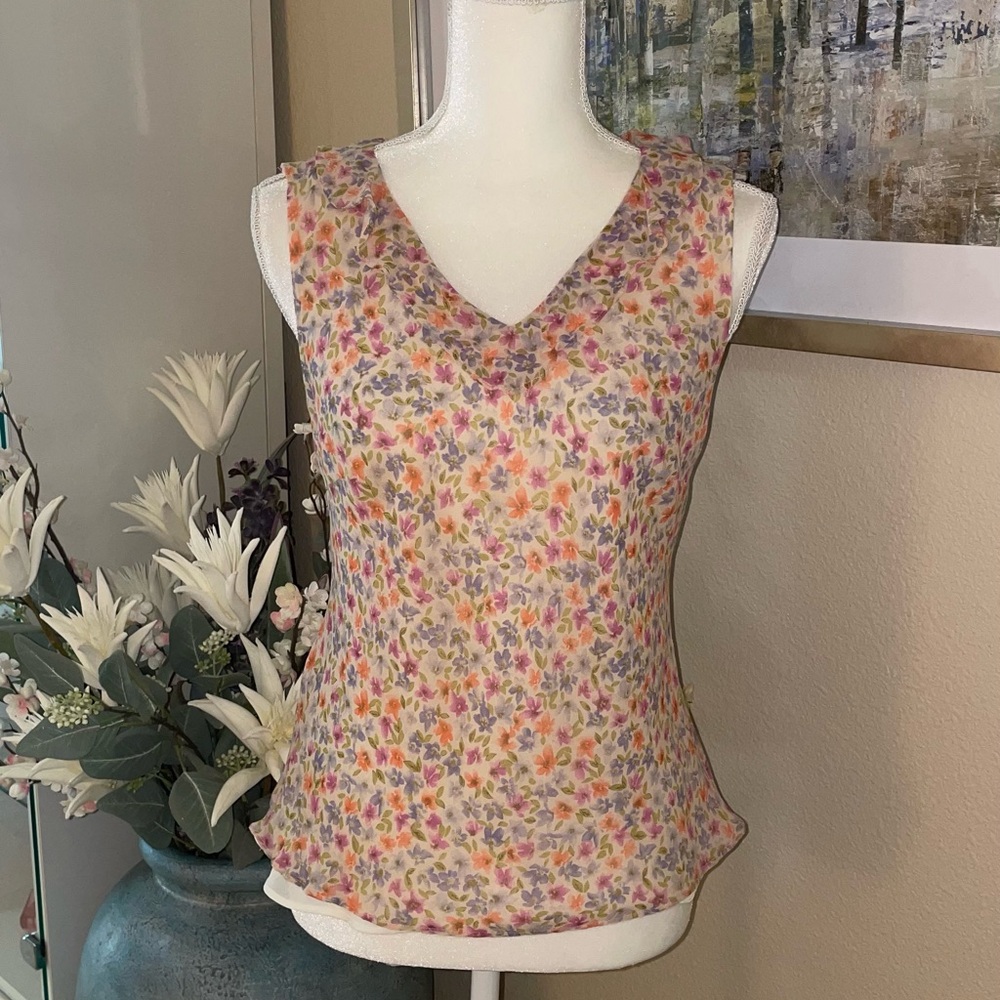 LOFT 100% silk Colorful Floral V-Neck sleeveless Blouse